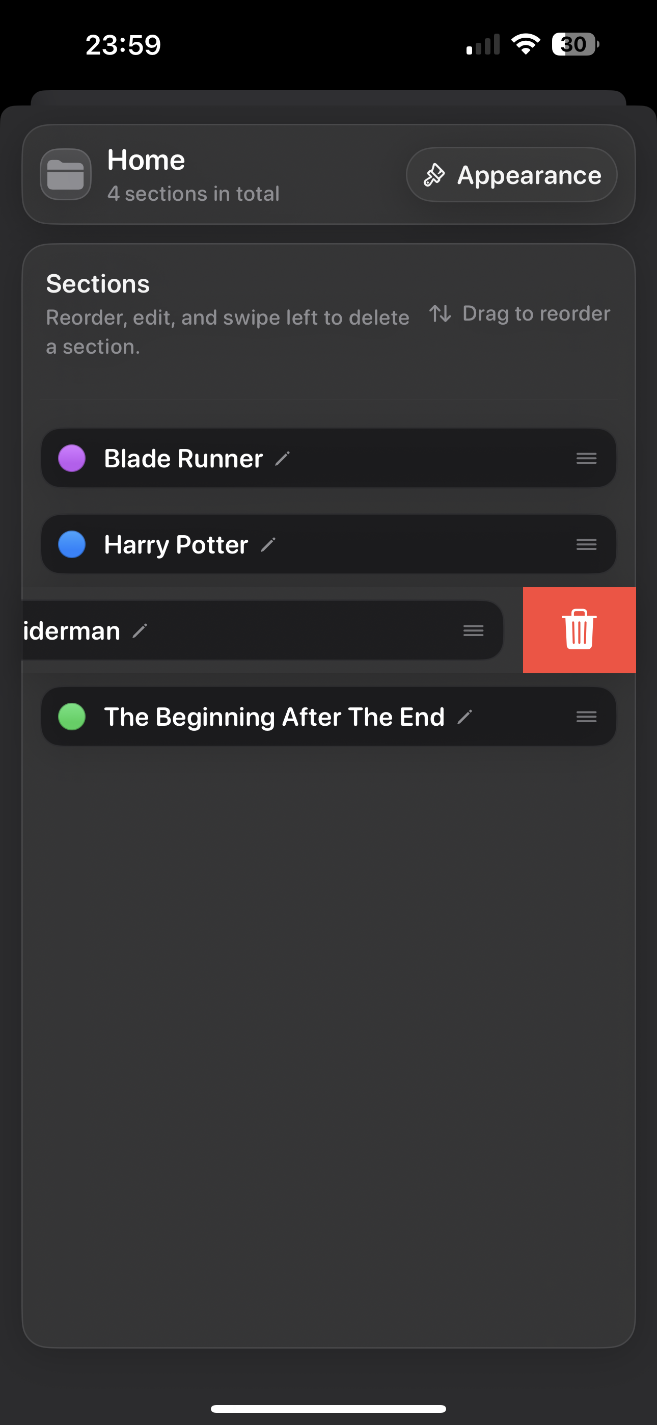 Andrea Reader on iPhone showing folder customization tools